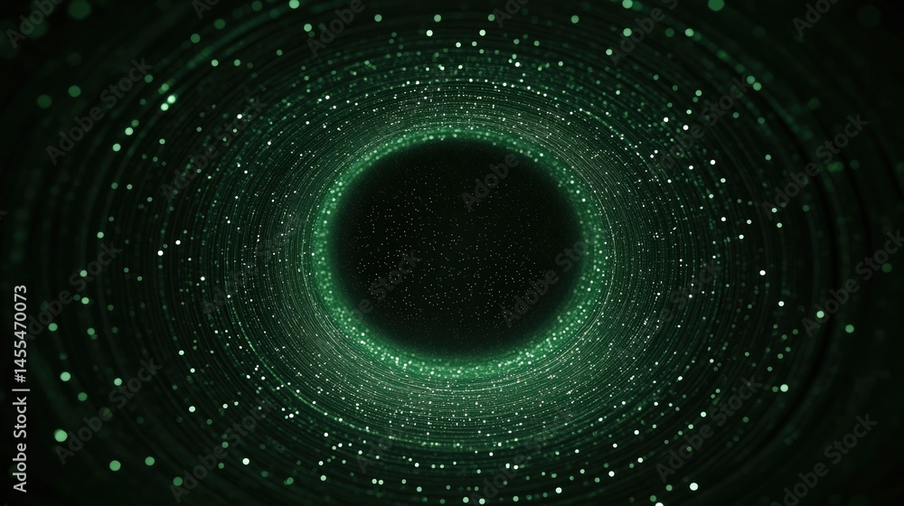 Poster a glowing green digital vortex with swirling particles, resembling a tunnel or wormhole in space.