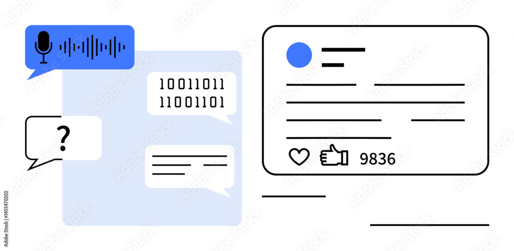 Poster voice recordings, binary code messages, and text bubbles intertwined with a social media post. ideal