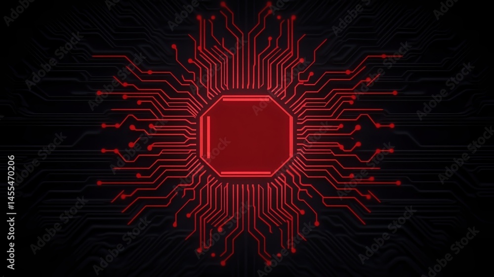 Poster a glowing red microchip with circuit lines radiating outward on a dark background, symbolizing techn
