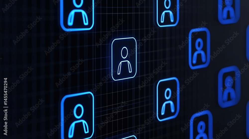 Poster digital icons of user profiles are displayed in a grid with neon blue outlines, symbolizing networki