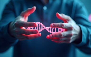 3D lowpoly illustration of human hands interacting and controlling DNA, CRISPR, biotechnology. High quality