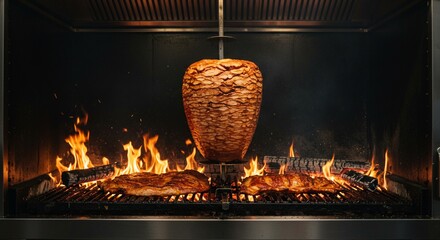 Delicious grilled meat rotating on a spit over open flames bbq hot red fire food pork beef lamb meal