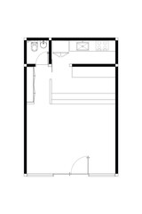 Blank Small Restaurant or Cafe Floor Plan with Kitchen and Restroom Lines Black on white background. 6