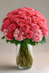 Fototapeta premium A bouquet of pink roses and hydrangeas arranged in a clear glass vase on a neutral background.