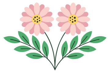 Elegant Pink Flowers with Green Leaves, Flat Design Illustration
