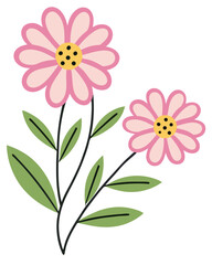 Elegant Pink Flowers with Green Leaves, Flat Design Illustration
