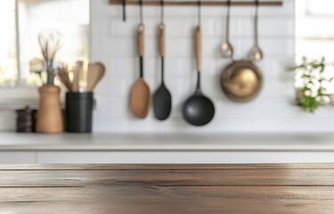 Cozy and Stylish Kitchen Interior with Hanging Utensils and Natural Light