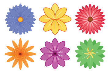 Six Colorful Flat Flower Designs, Spring Floral Elements
