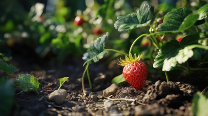 Strawberry Plant in Lush Green Field. Ripe and Sweet Fresh Strawberries