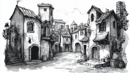 Street Drawing. Hand drawn sketch of Old City. Urban landscape in Black and White