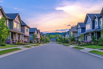 Street With Houses. New Residential Neighborhood at Sunset with Landscaped Yards and Sidewalks