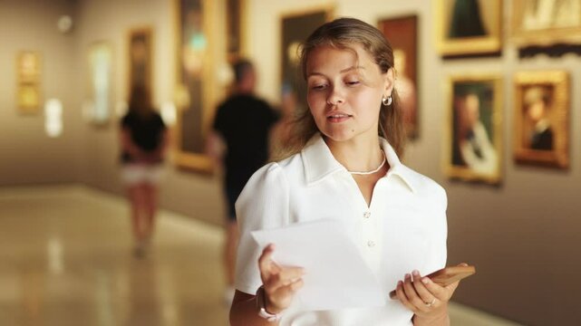 Young woman with sheet piece of paper in hands walks around museum hall, examines showpiece painting and icons at exhibition. List of recommended exhibitions, guidebook, and map of museum.