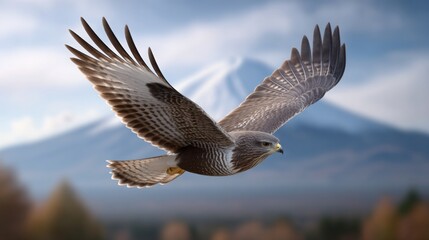 Obraz premium hawk in flight with Mount Fuji in background, sharp detail, dynamic angle