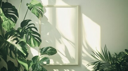 Summer Template. Contemporary Design with Rectangular Botanical Frame featuring Green Monstera Plant Border