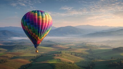 Colorful hot air balloon lifting off at sunrise over rolling green fields, mist in the distance