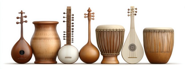 Diverse traditional instruments: sitar, pan flute, djembe, balalaika, and oud arranged in a horizontal line on pure white, high-detail