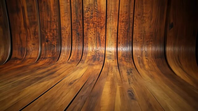 Curved wooden planks form a concave background.  Rich brown tones and textures are visible