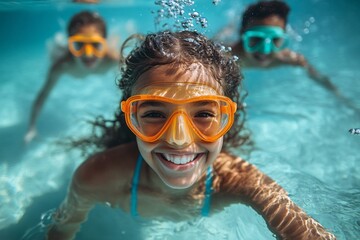 Fototapeta premium Three diverse kids snorkeling in a turquoise pool. Summer fun, vacation concept, family holidays, children's activities, swimming lessons, underwater adventures.
