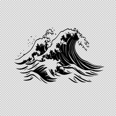 Naklejka premium Minimalist black and white logo of stormy ocean waves with tall, sharp crests and jagged foam lines, subtle pastel shading on white evokes raw sea power and elegant motion in a clean line drawing.