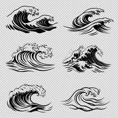 Minimalist black and white logo of stormy ocean waves with tall, sharp crests and jagged foam lines, subtle pastel shading on white evokes raw sea power and elegant motion in a clean line drawing.