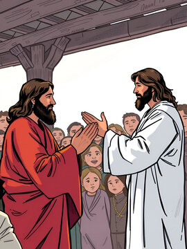 Jesus lowering His hands gently after a prayer, the man with dropsy now healed, standing tall with a look of relief, the crowd surrounding them with stunned expressions,