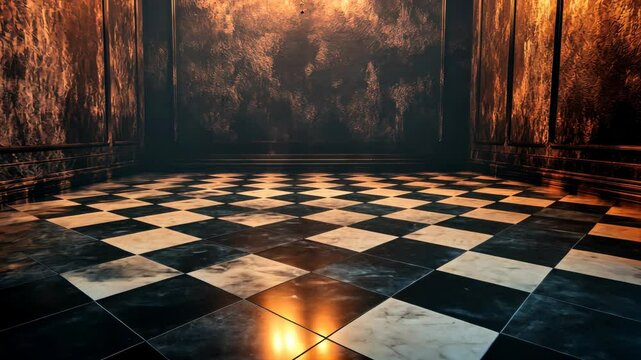 Dark, aged room with checkered floor, textured walls, and subtle lighting