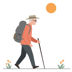 Elderly man hiking trail - vigorous senior male walking mountain path enjoying scenic views and fresh air, embodying active aging and love for nature.