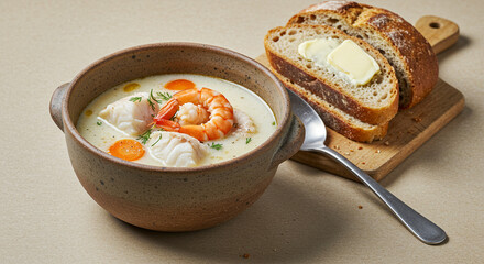 Delicious seafood chowder recipe with shrimp and cod served with crusty bread and butter dish