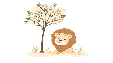 Naklejka premium A cartoon lion is sitting under a tree