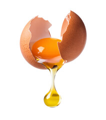 cracked egg with dripping yolk on white background