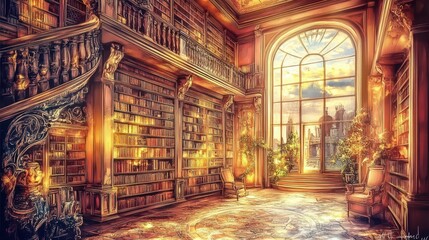 Naklejka premium Mystical library interior illuminated by ambient light with arched windows and extensive book collections and plants creating a warm atmosphere