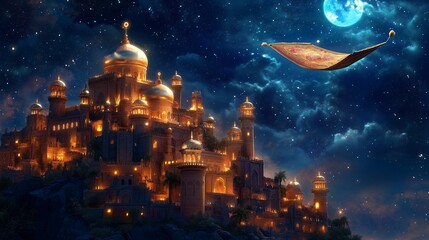 夜の宮殿と空飛ぶ絨毯のイメージ