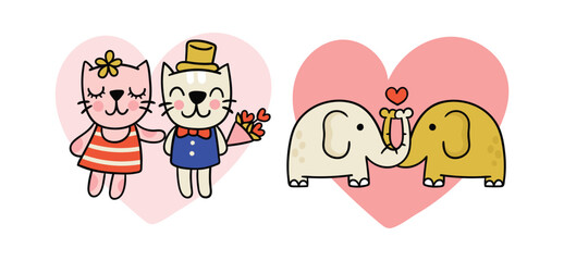 Hand drawn valentines day animal couple