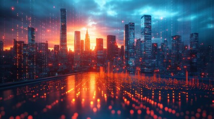 Fototapeta premium Cyberpunk Cityscape: A futuristic metropolis at sunset, bathed in vibrant orange and blue hues, with digital data streams flowing through the urban landscape. A breathtaking view.