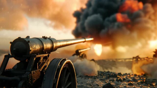 Cannon Warfare: An old cannon fires, showcasing a historical military scene amidst a fiery sunset, the artillery represents the might of warfare