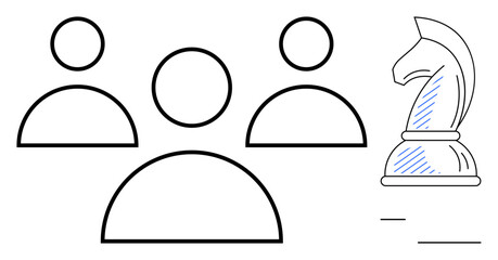 Abstract outline of three individuals next to a chess knight representing strategy, leadership, and collaboration. Ideal for teamwork, planning, leadership, collaboration, strategy, decision-making