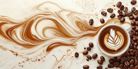 Artistic coffee art in a white cup, surrounded by coffee beans.