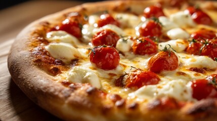 Close-up of vegetarian pizza with cherry tomatoes and mozzarella, expressing fresh and simple Italian flavors.
