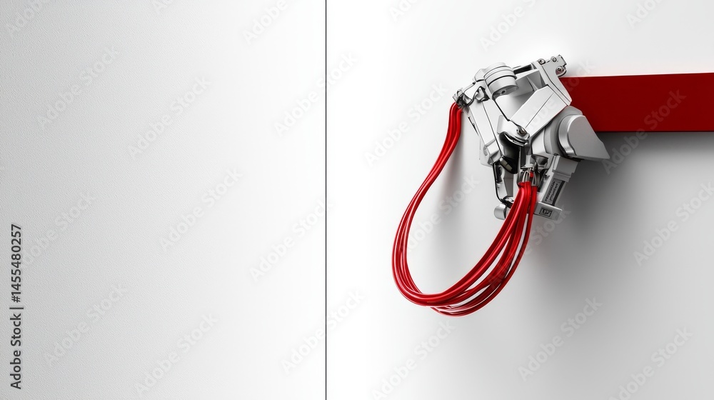 Poster a close-up of a futuristic mechanical device with red wires on a minimalist backdrop.
