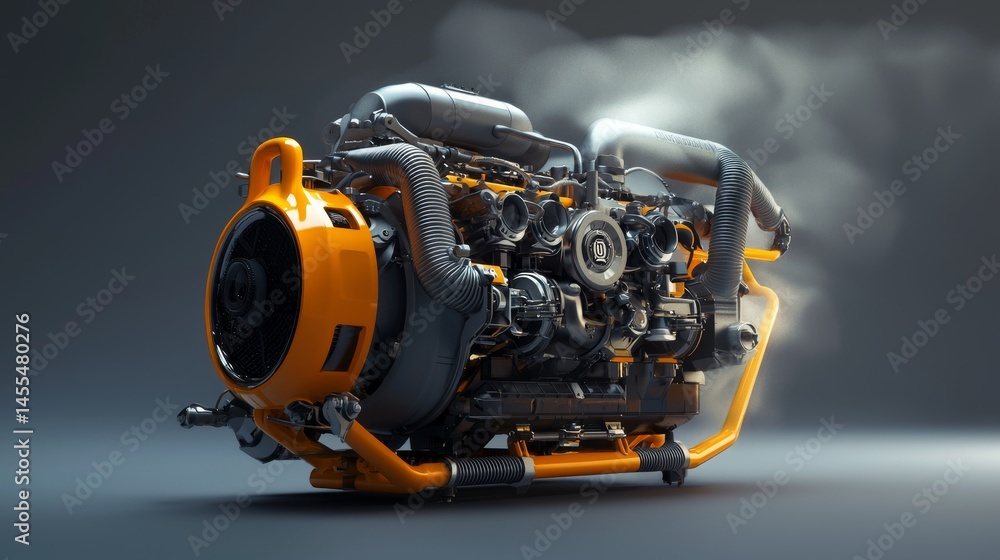 Poster a close-up of a high-performance engine with intricate details and steam effects.