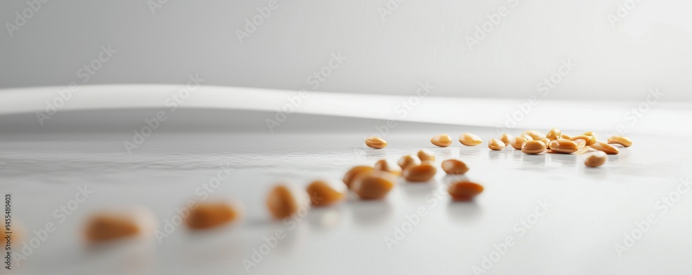 Poster a close-up of scattered grains on a minimalist surface with soft lighting.