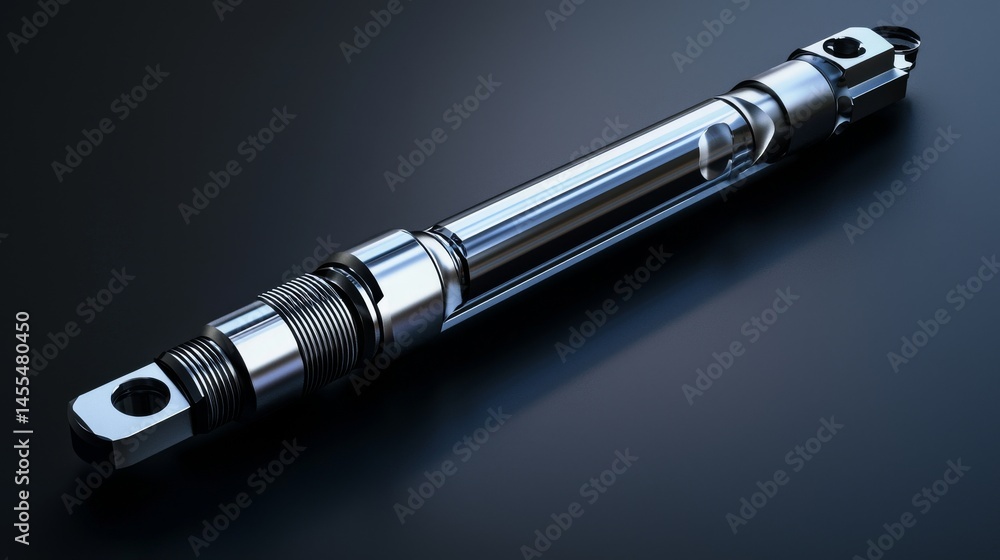 Poster a close-up view of a metallic hydraulic component with reflective surface.