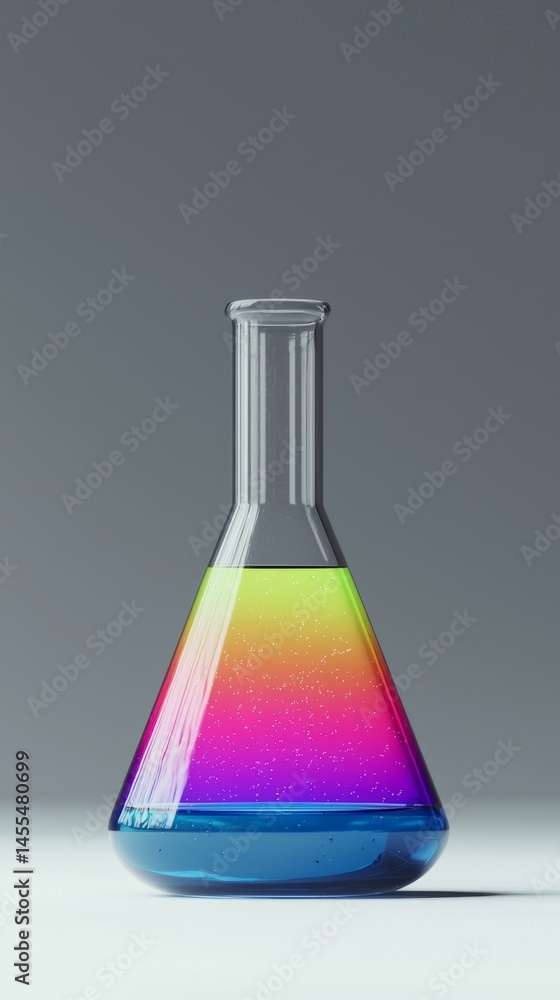 Poster a colorful laboratory flask filled with vibrant liquid for scientific experiments.