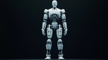 A futuristic humanoid robot standing confidently against a dark backdrop.