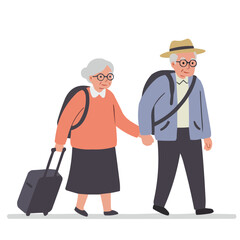 Elderly couple traveling together - silver-haired pair smiling while exploring new places, their intertwined hands and suitcases telling story of love and adventure.
