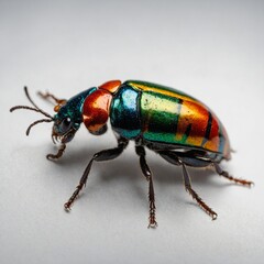 Fototapeta premium A colorful Amazonian beetle on a white lab table.