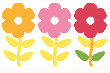 Illustration of Three Colorful Flowers with Green Leaves