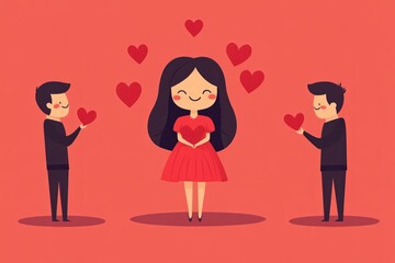 emoji dating concept, suitors sending hearts toward center emoji girl, vector