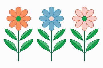 Illustration of Three Colorful Flowers with Green Leaves