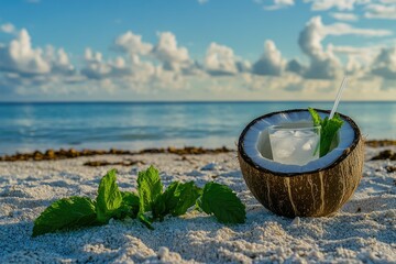 Refreshing tropical cocktail on beach
